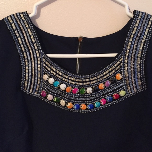 Navy blue dress with stone neckline - Picture 2 of 2