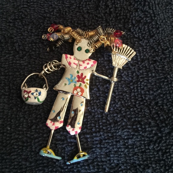 Girl Gardner w/ moveable basket/rake necklace/pin