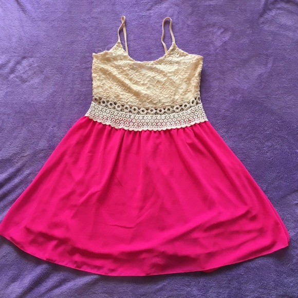Hot pink and crochet mini dress