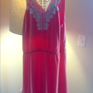 Coral pink dress. Waisted. Crochet like top