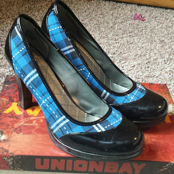 Blue plaid high heel shoes.