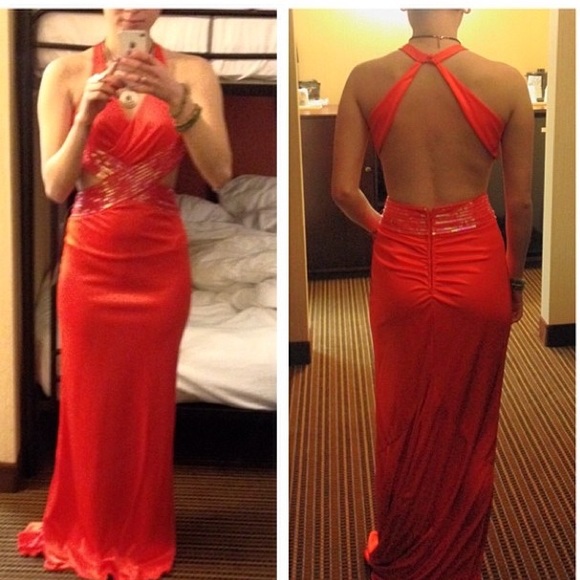 Open back orange prom dress