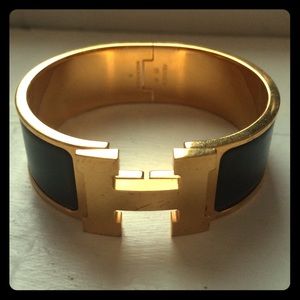 Hermes ClicClac H Wide Gold/Black Enamel Bracelet