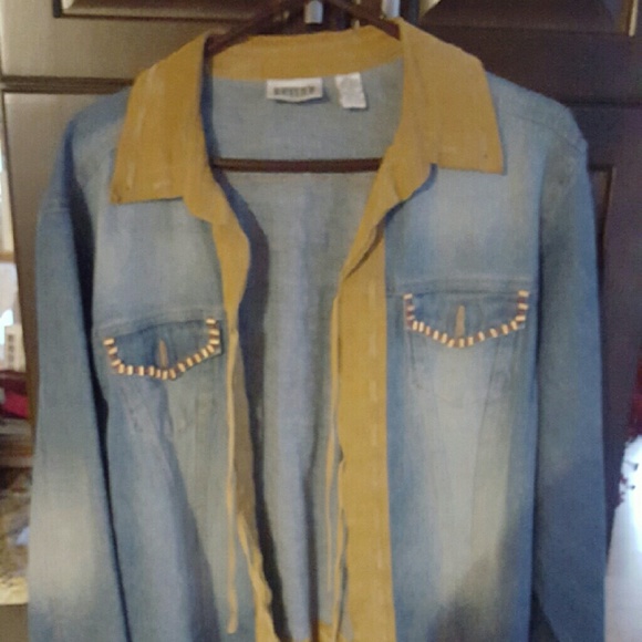 Chico's denim jacket trimmed in leather with fring