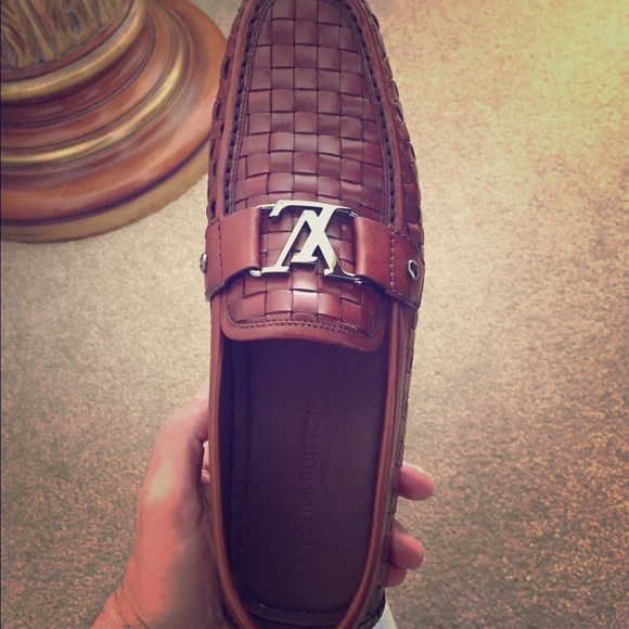 Louis Vuitton brown leather woven loafer driving