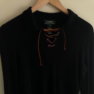 Lace up ribbed collared long sleeve