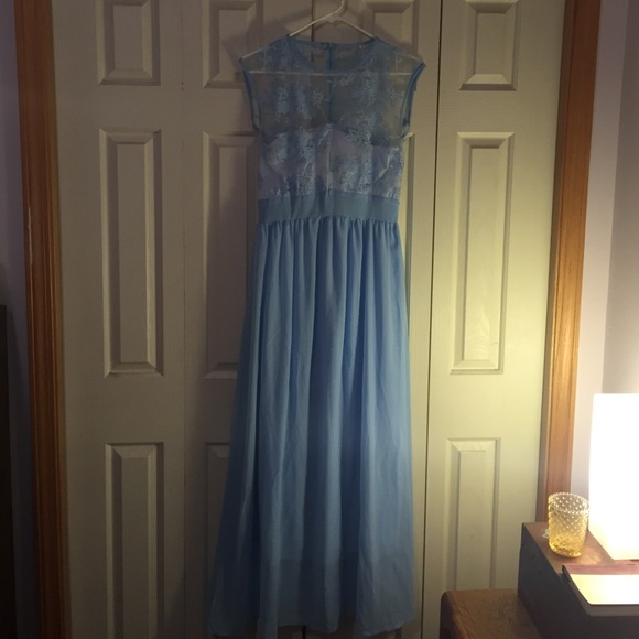 Womens Baby Blue Lace Illusion Gown
