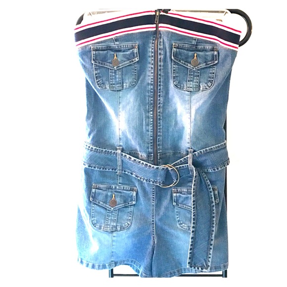 Denim Strapless Romper shorts tube zipper stretch