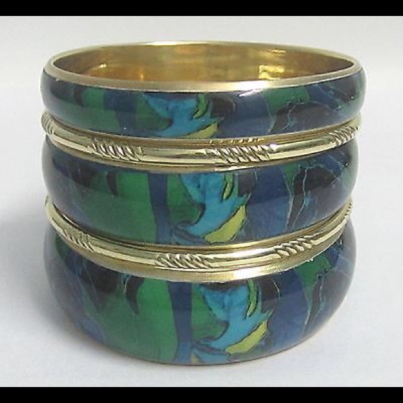 BLUE GREEN PRINT BANGLES SET WITH EARRINGS - Picture 2 of 2