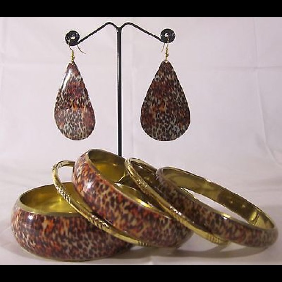 5 pcs ANIMAL PRINT BANGLES SET EARRINGS - Picture 2 of 2