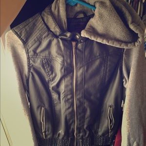 Black leather and cloth zip up jacket