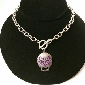 Silver Tone Sugar Skull Necklace