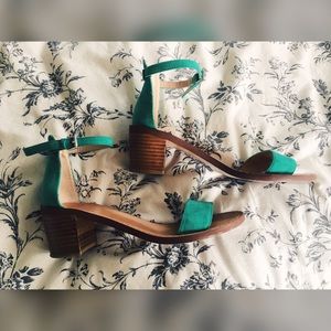 Suede and wood wedge heel sandals