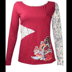 Wine Floral Scoop Neck Long Sleeve Top
