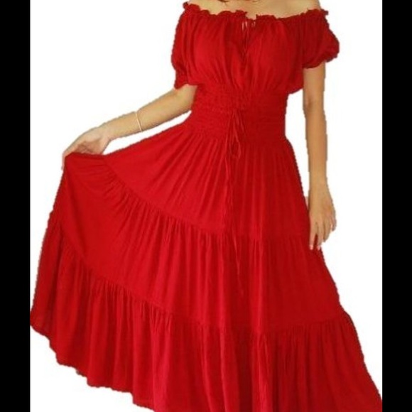 Red Maxi Peasant Ruffled Dress
