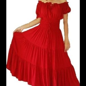 Red Maxi Peasant Ruffled Dress