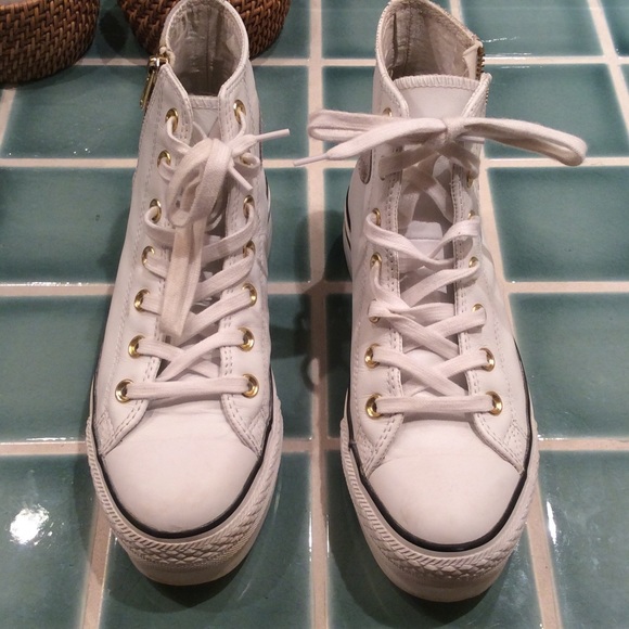 Converse white and gold platforms
