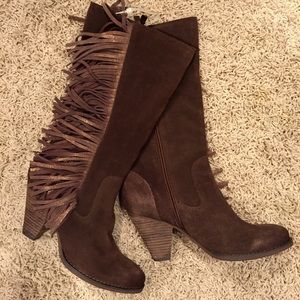 Reba Cowgirly Brown Suede Leather Fringe Boots