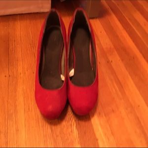 Red faux suede heels