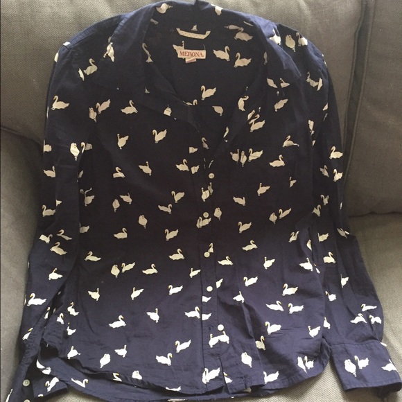 Merona Navy Blue Button Down Swan Print Shirt