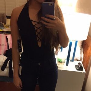 Black halter lace up body suit
