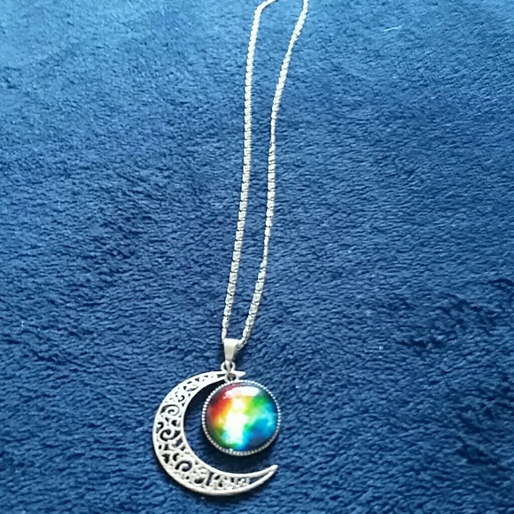 Rainbow Galaxy Dome Crescent Moon Necklace