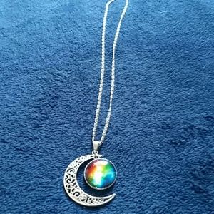 Rainbow Galaxy Dome Crescent Moon Necklace