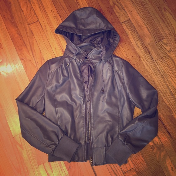 Grey Leather Hooded Jacket