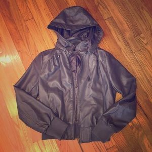 Grey Leather Hooded Jacket