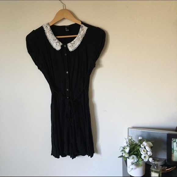 Crepe Black Romper w/ White Lace Collar
