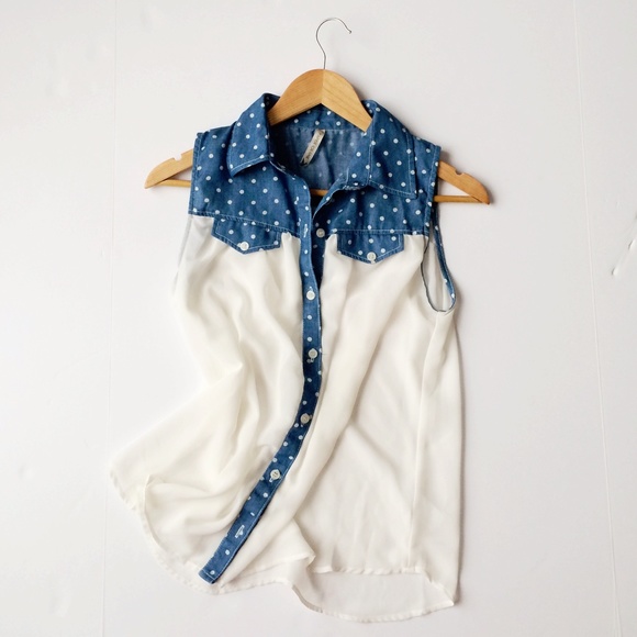 Paper Crane Polka Dot Sheer and Blue Jean Blouse