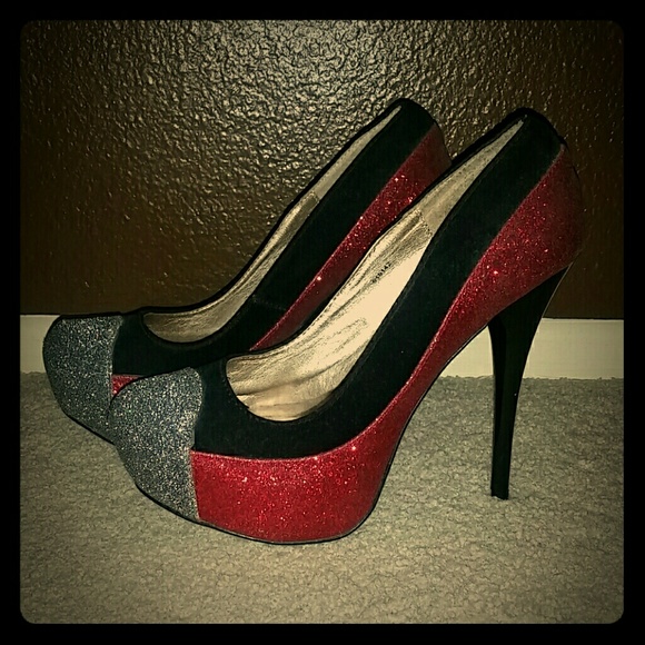 Red, black, and silver sparkle high heels