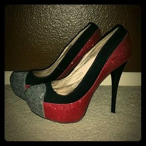 Red, black, and silver sparkle high heels