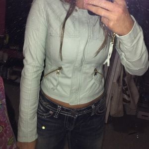 Mint green leather jacket!