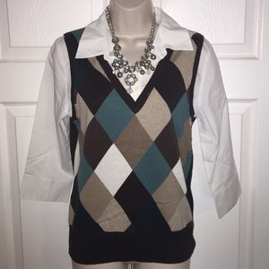 👚Black and Green Sweater Vest 3/4 Sleeve Blouse👚
