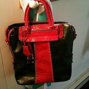 Black and red alligator print handbag