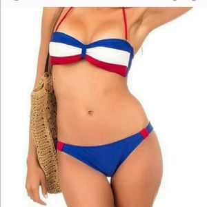 Blue white and red bathing suit