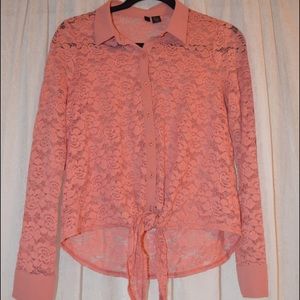 Salmon / Pink Collared Long Sleeve Blouse