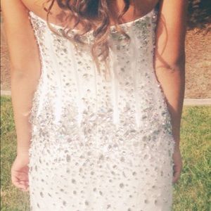 Beautiful White Strapless Bejeweled Prom Dress