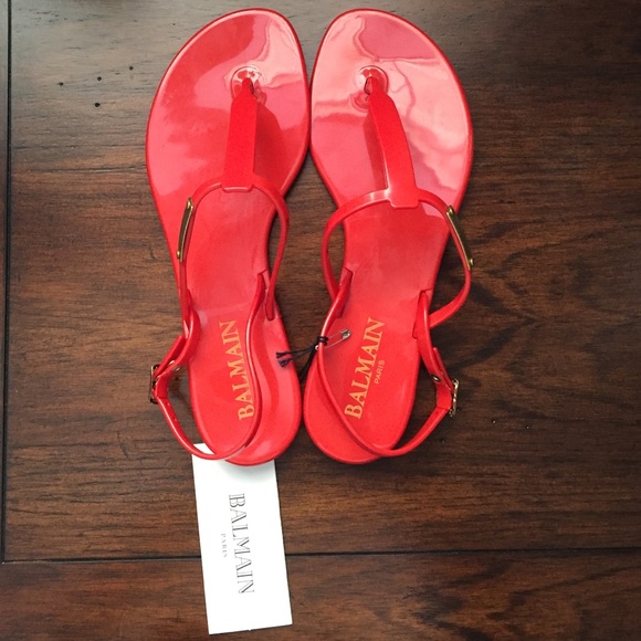 Red Balmain T-Strap Jelly Sandals