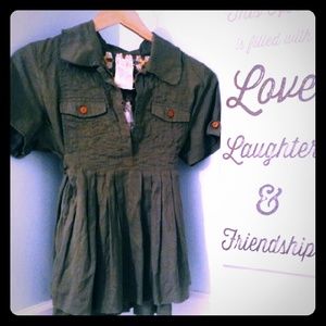 Free People Embroidered Olive Green Collar Shirt