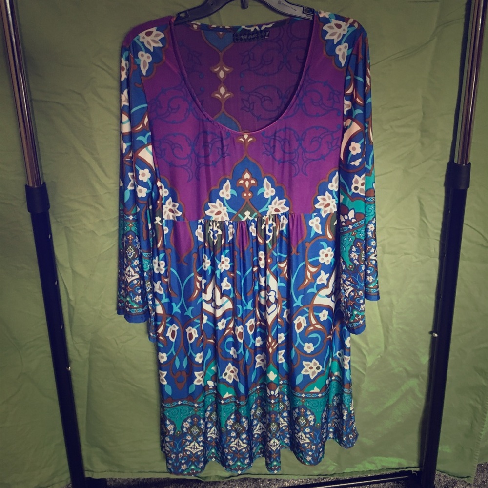 Blue and purple bell sleeve mini dress