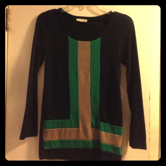 Navy blouse with tan and green decor