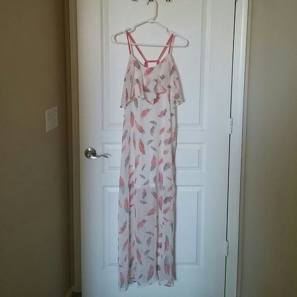 Coral Feather Sheer Maxi Dress