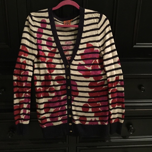Tory Burch linen blend cardigan logo button M