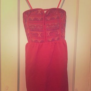 Red strapless mini dress with printed top