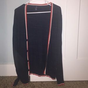 Navy blue, orange, and white Gap cardigan