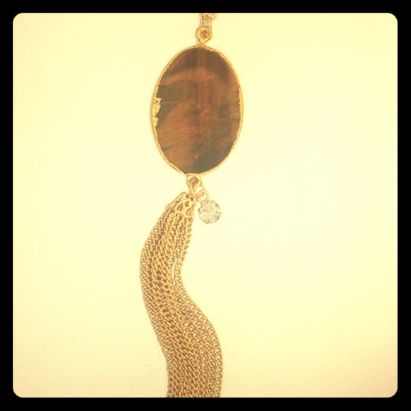 Gold Plated 28" Druzy Slice Pendant + Tassle Chain