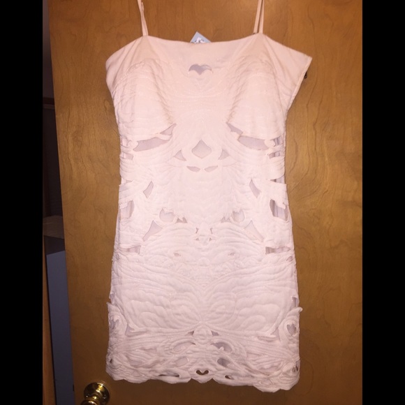 Pale pink lace cutout cocktail dress