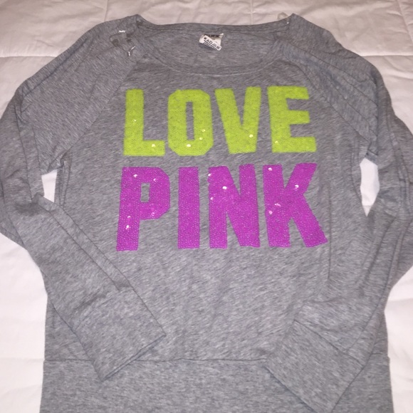 VS Pink Sequin "Love Pink" Long Sleeve Shirt